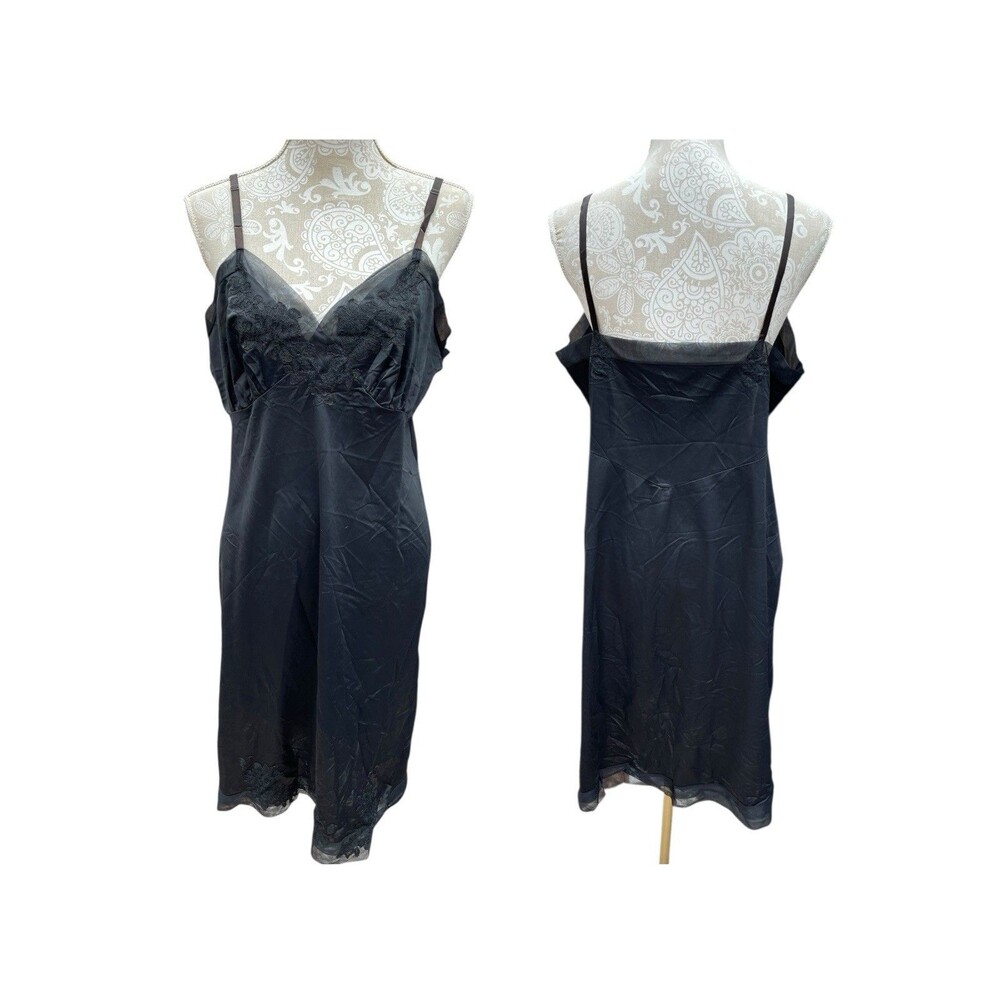 Vintage Van Raalte Black Nylon Slip Dress  1960s Suavette Lace Appliqué Size 40